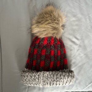 Handmade! Cozy Red Gray Plaid Chunky Knit Faux fur Pom-Pom Hat for Baby/Toddler